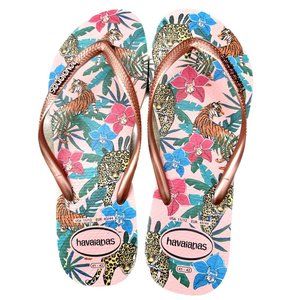 New Havaianas Flip Flops Floral Tropical Leopard Tiger 11 / 12 rose gold slim